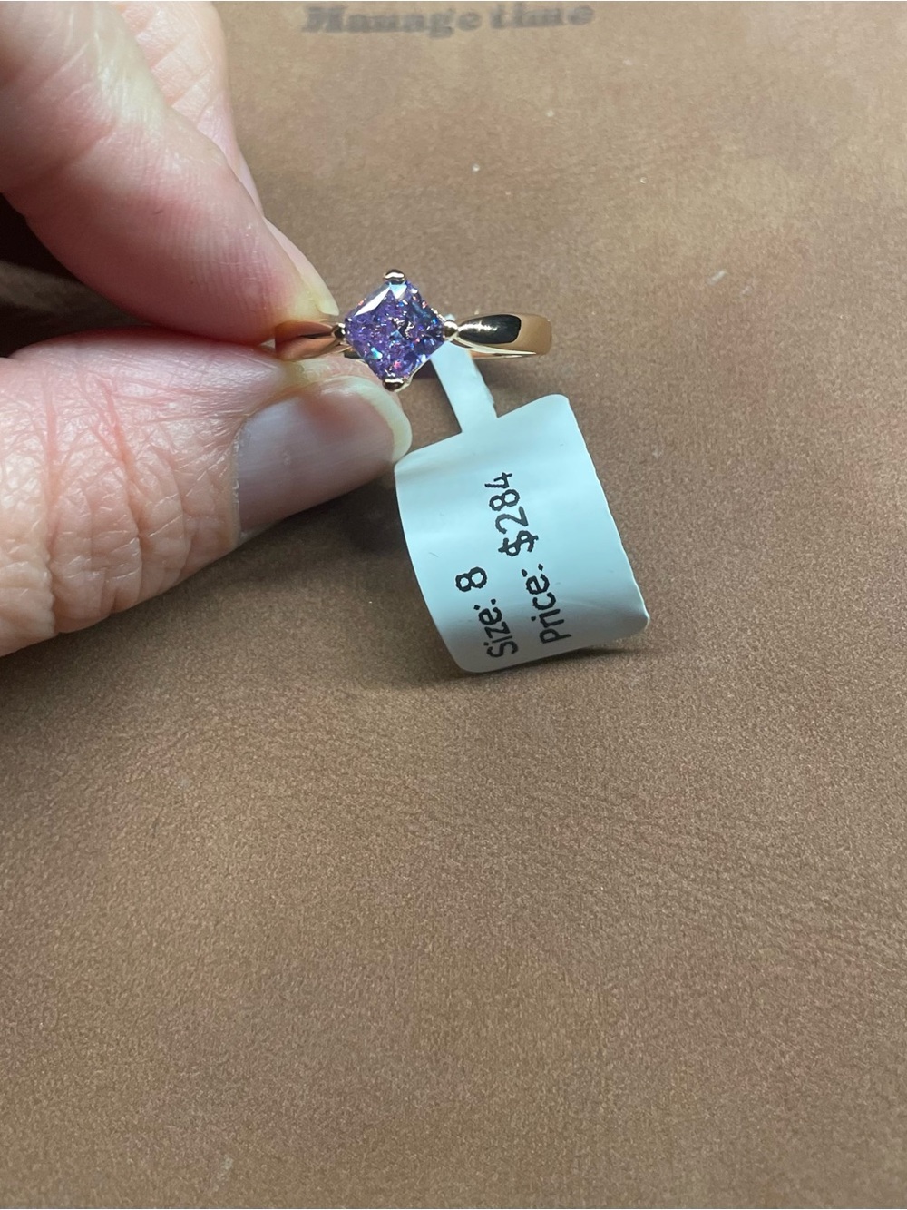 Gold Band Ring with Purple Square-Cut Stone - Size 8